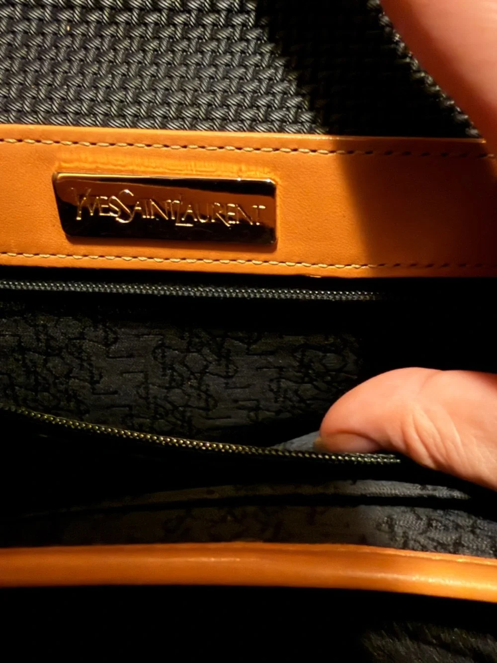 Authentic Yves Saint Laurent Black Woven Canvas and Tan Leather Trim Clutch - Picture 7 of 7